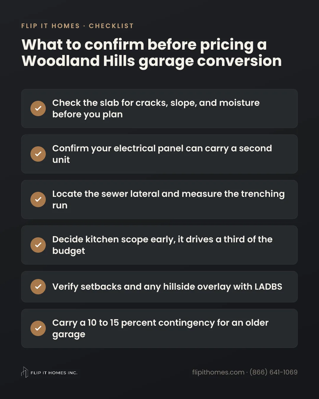 Checklist of six items to confirm before pricing a garage conversion in Woodland Hills