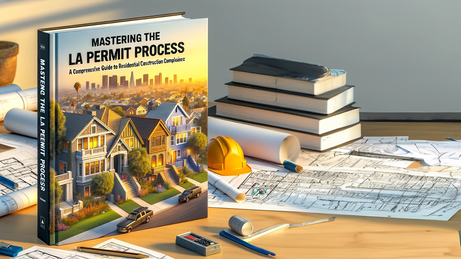 Los Angeles Construction Permit Guide: Compliance Essentials on a desk with blueprints, hard hat